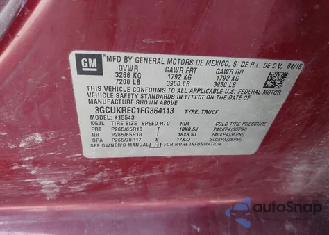 2015 Chevrolet Silverado 1500 2Lt z USA, uszkodzony, nr VIN 3GCUKREC1FG364113